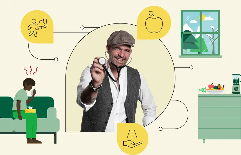 In der Mitte ist ein Foto von Doc Esser mit Schirmmütze und Stethoskop zu sehen. Illustrationen daneben zeigen einen Mann mit Taschentüchern und eine Küchenanrichte mit frischem Obst.