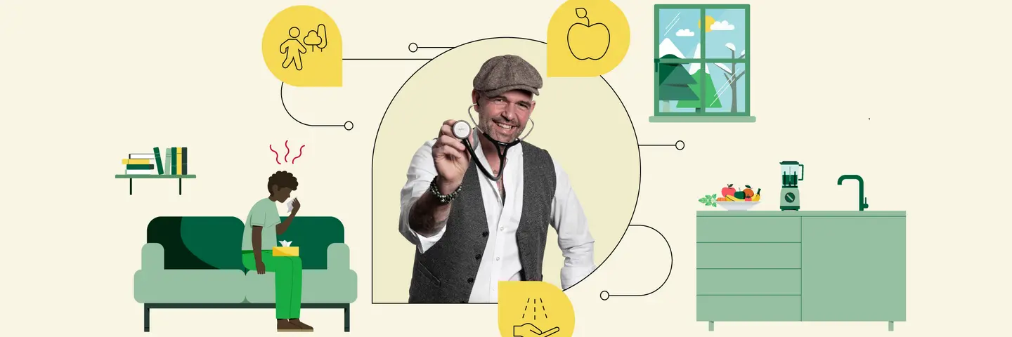 In der Mitte ist ein Foto von Doc Esser mit Schirmmütze und Stethoskop zu sehen. Illustrationen daneben zeigen einen Mann mit Taschentüchern und eine Küchenanrichte mit frischem Obst.