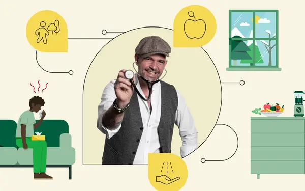 In der Mitte ist ein Foto von Doc Esser mit Schirmmütze und Stethoskop zu sehen. Illustrationen daneben zeigen einen Mann mit Taschentüchern und eine Küchenanrichte mit frischem Obst.