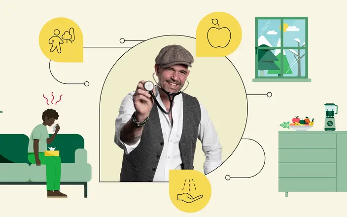 In der Mitte ist ein Foto von Doc Esser mit Schirmmütze und Stethoskop zu sehen. Illustrationen daneben zeigen einen Mann mit Taschentüchern und eine Küchenanrichte mit frischem Obst.