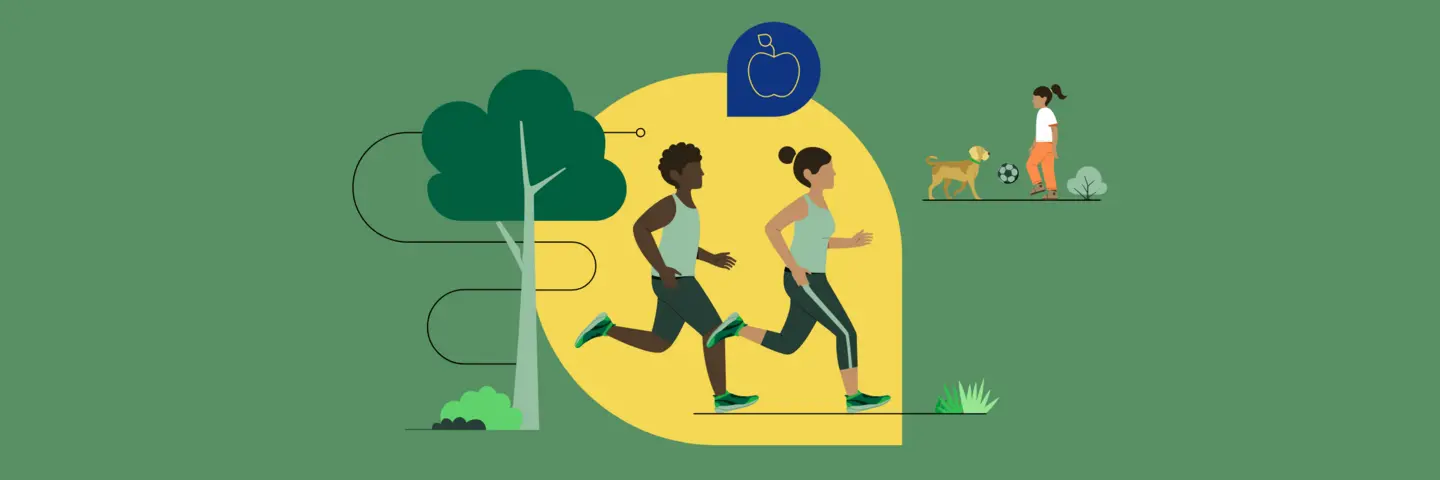 Die Illustration zeigt zwei Jogger, die in einem Park laufen.