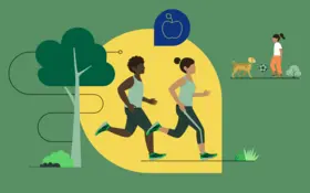 Die Illustration zeigt zwei Jogger, die in einem Park laufen.