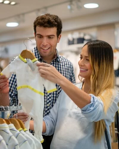 Ein Mann und eine schwangeren Frau schauen sich in einem großen Kinderkaufhaus Babykleidung für die Erstausstattung an.