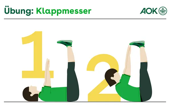 Die Grafik zeigt die Sportübung Klappmesser in Ausgangsposition und Ausführung.