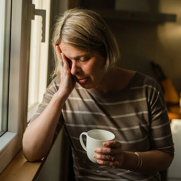 Eine Frau steht am Fenster eines Wohnzimmers. Ihr rechter Ellenbogen ist auf der Fensterbank abgestützt, während sie den Kopf in die rechte Hand stützt. Ihre Augen sind geschlossen. In der linken Hand hält sie eine Tasse.