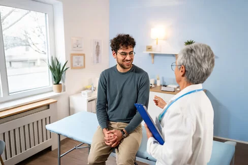 Männlicher Patient, der bei der Ordination eine jährliche medizinische Untersuchung bei einer älteren Ärztin erhält