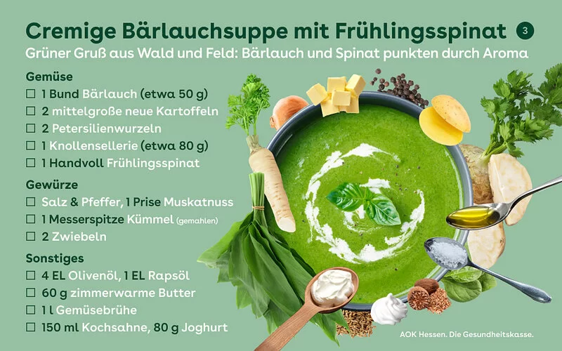 Infografik mit Rezept für cremige Bärlauchsuppe mit Früghlingsspinat