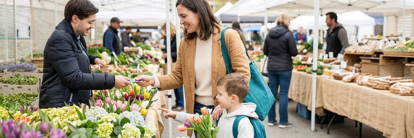 Lebhafter Frühlingsmarkt mit bunten Ständen und Blumen auf einer grünen Wiese. 