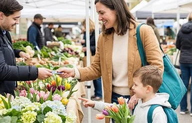 Lebhafter Frühlingsmarkt mit bunten Ständen und Blumen auf einer grünen Wiese. 