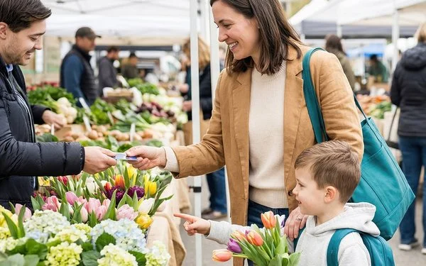 Lebhafter Frühlingsmarkt mit bunten Ständen und Blumen auf einer grünen Wiese. 