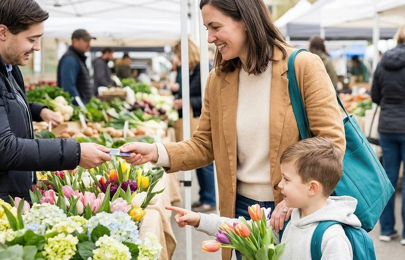 Lebhafter Frühlingsmarkt mit bunten Ständen und Blumen auf einer grünen Wiese. 