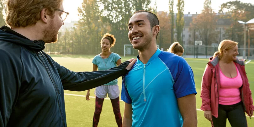 Zwei Männer stehen in sportlicher Kleidung auf einem Fußballfeld. Ein Mann legt seine Hand auf die Schulter des anderen Mannes. Im Hintergrund stehen zwei weitere Personen.