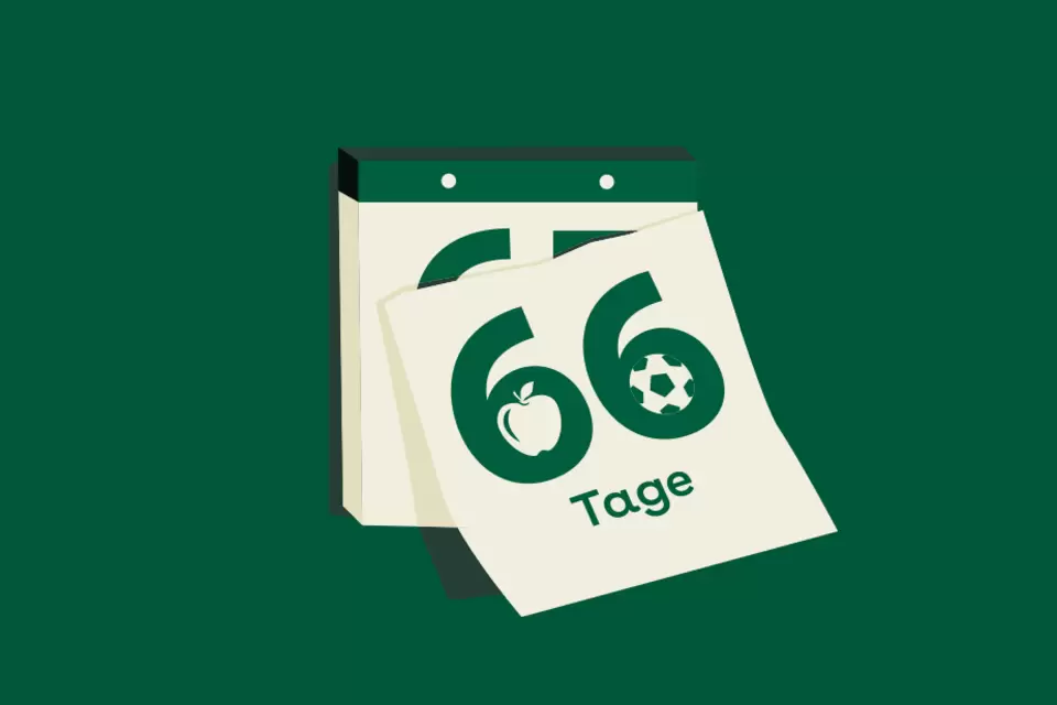 Illustration eines Abreißkalenders vor dunkelgrünem Grund. Das oberste Blatt, auf dem „66 Tage“ steht, fällt gerade ab.