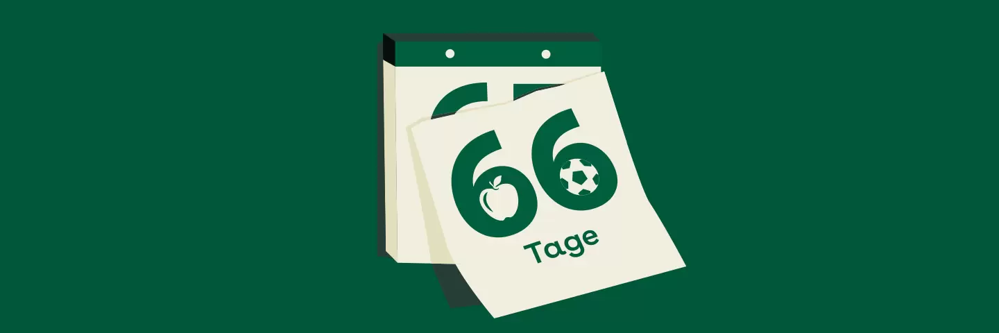 Illustration eines Abreißkalenders vor dunkelgrünem Grund. Das oberste Blatt, auf dem „66 Tage“ steht, fällt gerade ab.