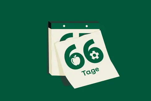 Illustration eines Abreißkalenders vor dunkelgrünem Grund. Das oberste Blatt, auf dem „66 Tage“ steht, fällt gerade ab.