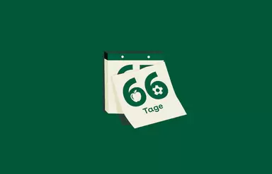 Illustration eines Abreißkalenders vor dunkelgrünem Grund. Das oberste Blatt, auf dem „66 Tage“ steht, fällt gerade ab.