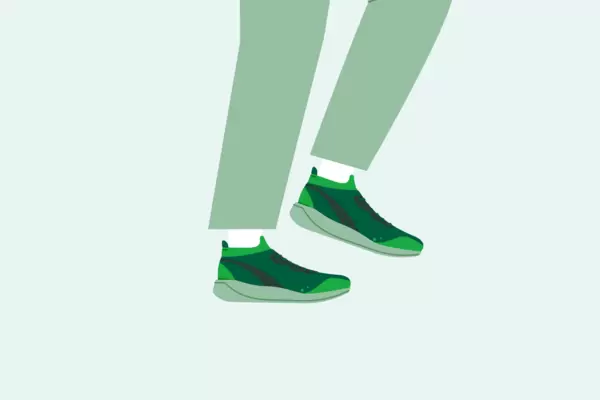 Illustration eines Paares Füße in grünen Sportschuhen, die auf und ab gehen. Grüne Hosenbeine sind ebenfalls zu sehen.