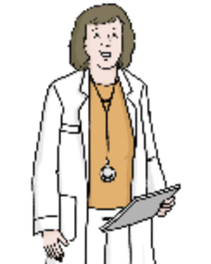 Das Bild zeigt eine gezeichnete Ärztin, die einen weißen Kittel trägt und ein Klemmbrett in der Hand hält.