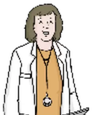 Das Bild zeigt eine gezeichnete Ärztin, die einen weißen Kittel trägt und ein Klemmbrett in der Hand hält.