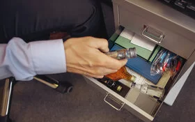 Nahaufnahme: Eine männliche Hand greift in einer Schublade in einem Schrank unter dem Schreibtisch nach einer kleinen Flasche Alkohol.