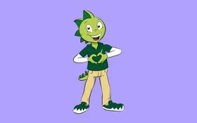 Jolinchen, ein grüner Cartoon-Drache, lächelt und formt vor lila Hintergrund mit den Händen ein Herz.