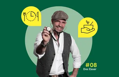 In der Mitte ist ein Foto von Doc Esser mit Schirmmütze und Stethoskop zu sehen. Links und rechts sind gelbe Sprechblasen mit einfachen, einfarbigen Symbolen zu sehen: links eine Uhr mit Ausrufezeichen, rechts eine Hand mit einem Herz.