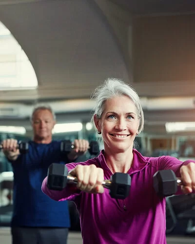 Ältere Menschen trainieren mit Kurzhanteln in einem Fitnessstudio.