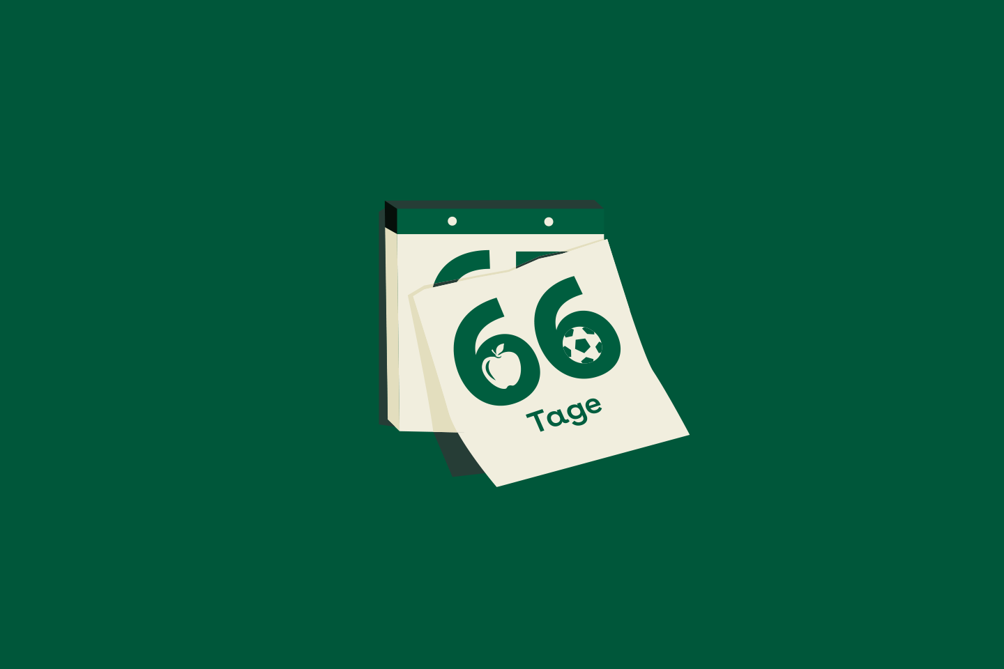 Illustration eines Abreißkalenders vor dunkelgrünem Grund. Das oberste Blatt, auf dem „66 Tage“ steht, fällt gerade ab.