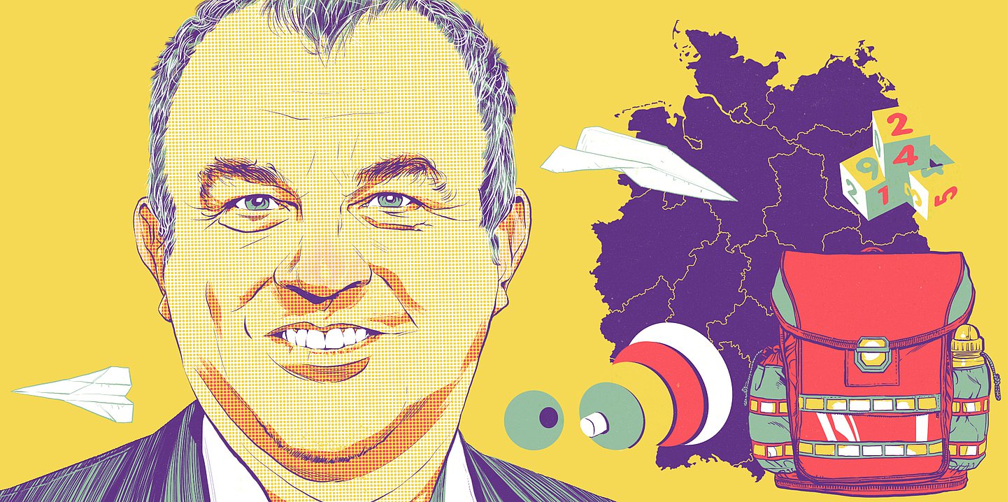 Illustration Porträtbild Thomas Altgeld und Deutschlandkarte mit Schultüte und Papierfliegern