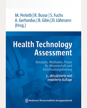 Cover des Buches "Health Technology Assessment" Cover des Buches "Health Technology Assessment" in den Farben Blau und Weiß