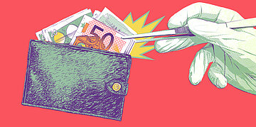 Illustration: Eine Hand zieht mit einer Pinzette 50&euro; und 20&euro; Scheine aus einem Portemonnaie.