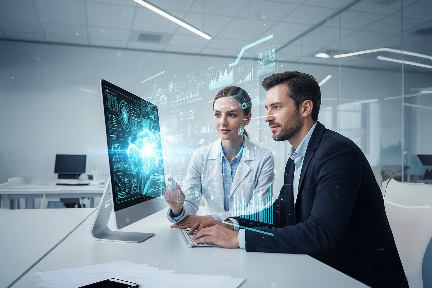 Eine Wissenschaftlerin und ein Mann im Jacket sitzen vor einem Monitor aus dem stilisierte Datenbestände in den Raum fliegen.