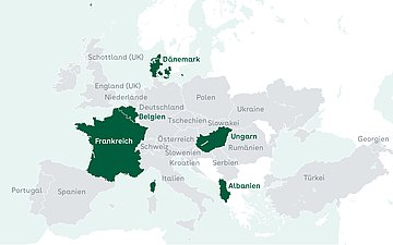 Auf einer Europakarte ist eine Auswahl an Ländern hervorgehoben, die bei einer Umfrage zum Thema Digital Health der WHO Europe teilgenommen haben.