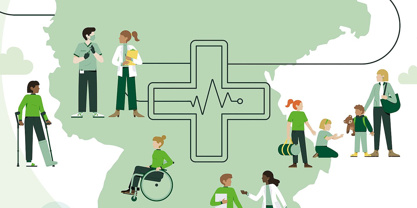 Illustration: Verschiedene Bereiche im Gesundheitssystem.