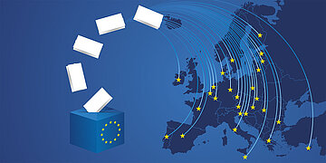 Symbolbild eines Wahlbriefkastens, von dem aus bogenf&ouml;rmig Sterne auf einzelne EU-L&auml;nder schie&szlig;en