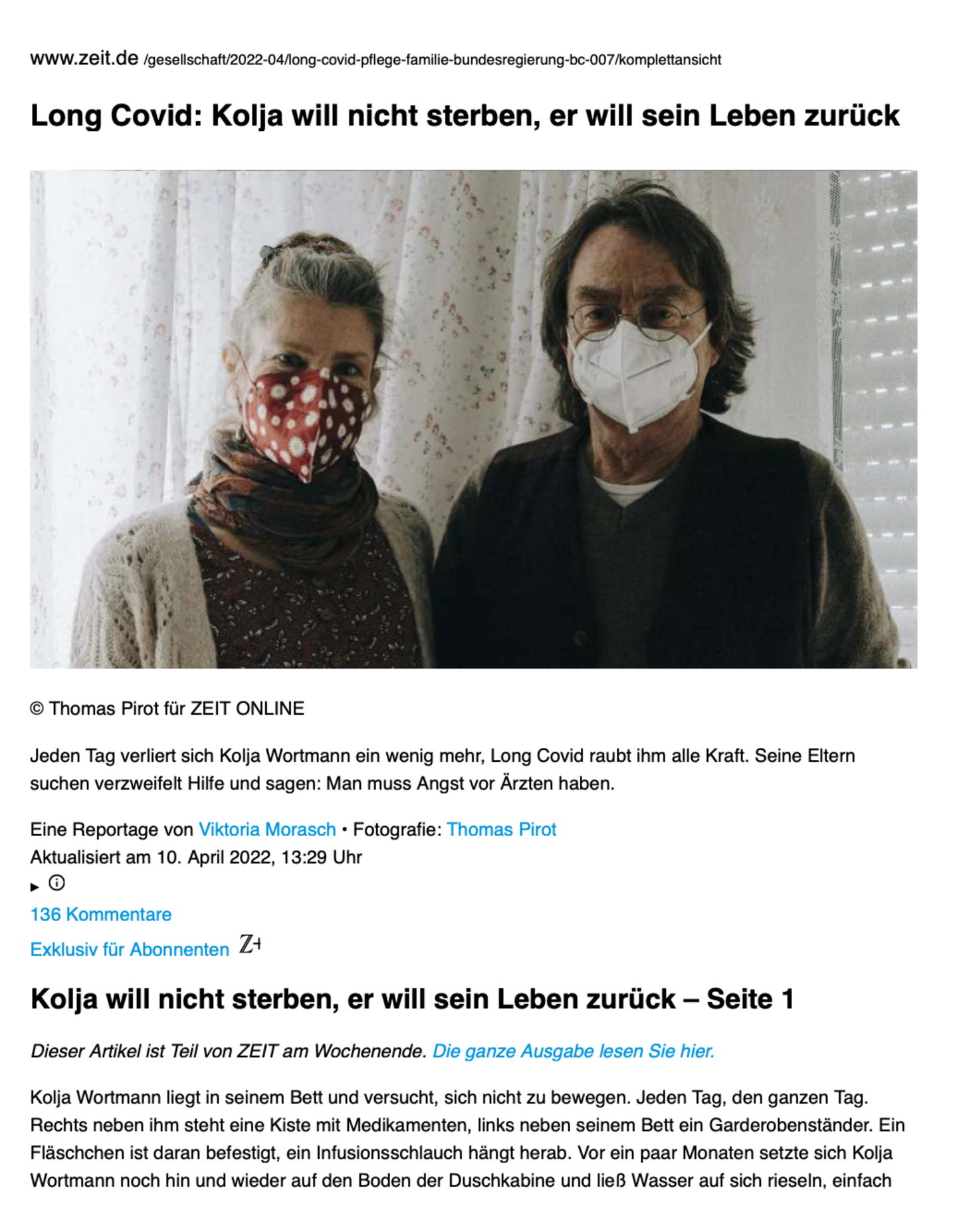 Screenshot des Online-Artikels "Kolja will nicht sterben" von Viktoria Morasch, erschienen in Zeit Online und Gewinnerbeitrag des zweiten Platzes.