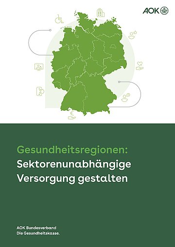 In der oberen H&auml;lfte: Grafische Dartsellung einer Deutschlandkarte in hellgr&uuml;n und verschiedenen Icons, die Versorgungsthemen illustrieren (Smartphone, Verg&uuml;tung, Inklusion, Krankenhaus etc.)