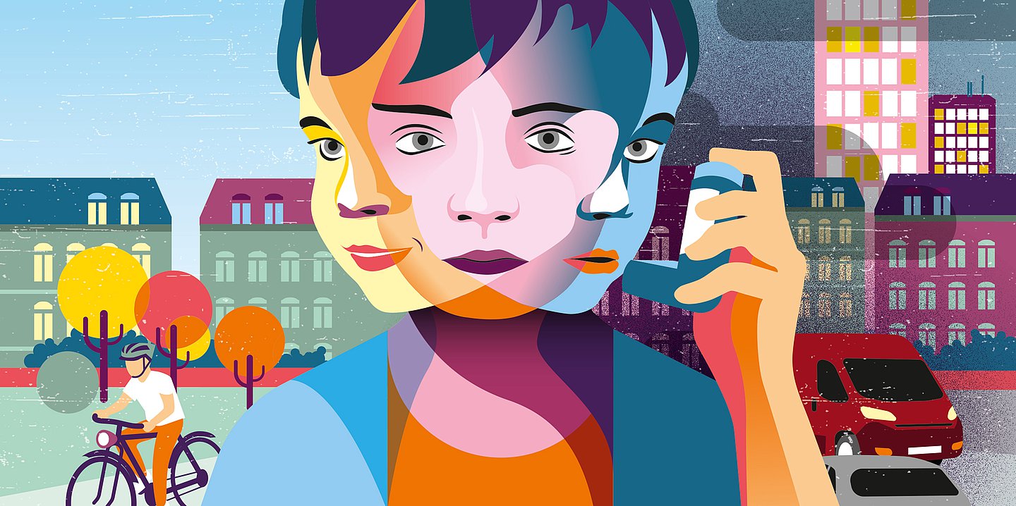 Illustration eines Kindes mit drei Gesichtern vor einer bunten Stadtkulisse