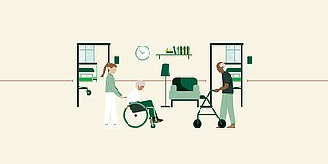 Die Illustration zeigt eine Alltagsszene in einem Pflegeheim mit Pflegebedürftigen und Pflegekraft.