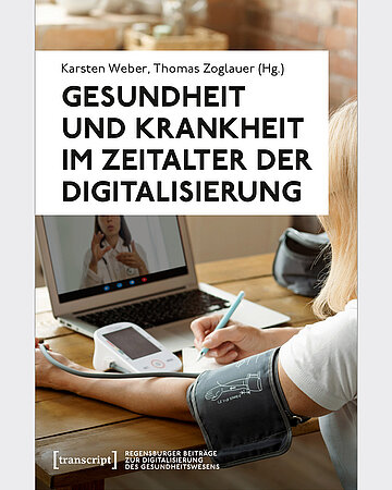 Buchcover: Eine Frau sitzt am Schreibtisch, misst Blutdruck, schaut ein Video auf dem Laptop und macht sich Notizen.