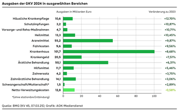 Das Balkendiagramm zeigt die GKV-Ausgaben im Jahr 2024 in ausgew&auml;hlten Bereichen und die Ver&auml;nderung im Vergleich zu 2023. Die Ausgaben sind in allen Bereichen gestiegen.