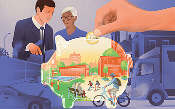 Illustration: Eine Hand wirft Geld in ein Sparschwein mit lebenswerter Stadt; im Hintergrund belasteter Verkehr und Industrie.