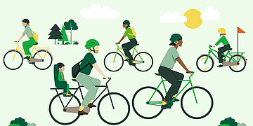 Foto: Illustration mehrerer Radfahrerinnen und Radfahrer mit B&auml;umen, Wolken und Sonne im Hintergrund.