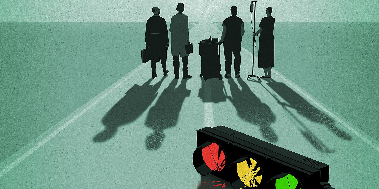 Illustration: Eine ältere Dame, eine Ärztin, eine Reinigungskraft und eine Patientin stehen nebeneinander auf einer Straße, die sich in der Ferne gabelt. Im Vordergrund ist eine zebrochene Ampel mit mit den Farben Rot, Gelb, Grün zu sehen