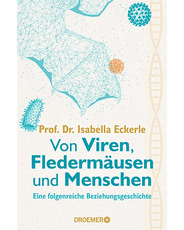 Cover des Buches "Von Viren, Flederm&auml;usen und Menschen" mit einem strukturierten Fledermausfl&uuml;gel und verschiedenen Erregern