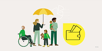 Illustration: eine Familie mit zwei Kindern und einer &auml;lteren Person im Rollstuhl unter einem Schirm, daneben ein Symbol einer Geldb&ouml;rse.