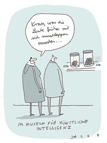 Karikatur von BECK: Zu sehen sind ein Mann und eine Frau mit sehr kleinem Oberkopf, die auf zwei Gehirne in jeweils einem Glasbeh&auml;lter blicken. Die Frau sagt: "Krass, was die Leute fr&uuml;her mit sich rumschleppen mussten ..."