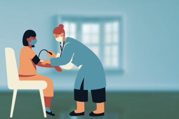 Stilisierte Darstellung einer &Auml;rztin, die eine Patientin ambulant versorgt.