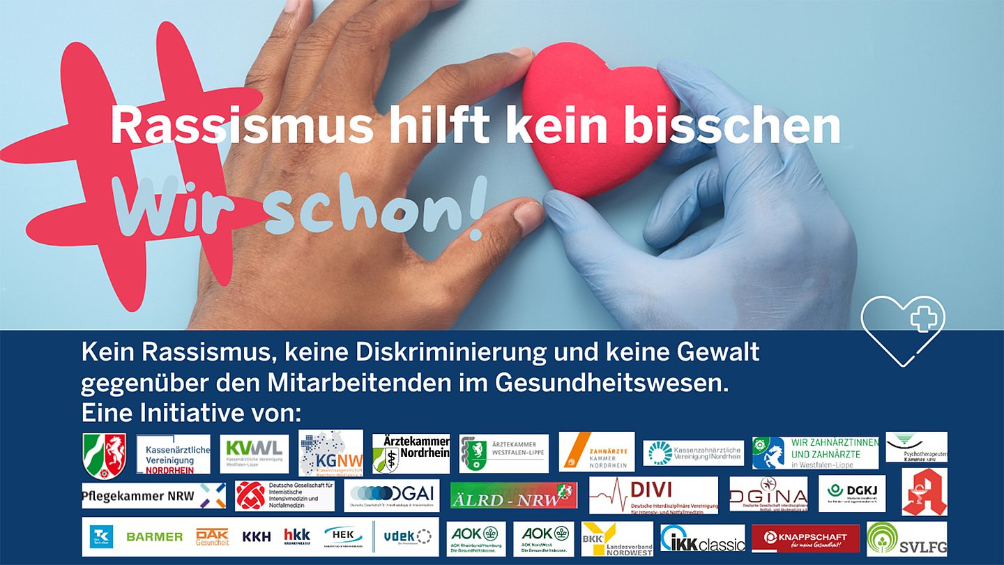 Das Logo der Initiative mit dem Motto: „#RassismusHilftKeinBisschen – Wir schon!“ mit allen Logos der beteiligten Akteure in NRW.