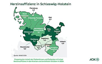 Eine Landkarte von SH zeigt den prozentualen Anteil der Patientinnen und Patienten mit einer Herzinsuffizienz in den Kreisen und kreisfreien St&auml;dten in 2024.